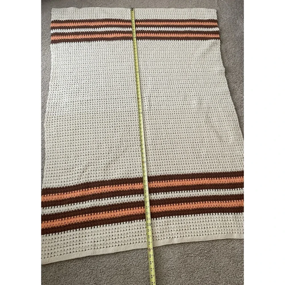 Handmade Ivory Peach Brown Crochet Vtg Fall Afghan Throw Blanket Striped 44